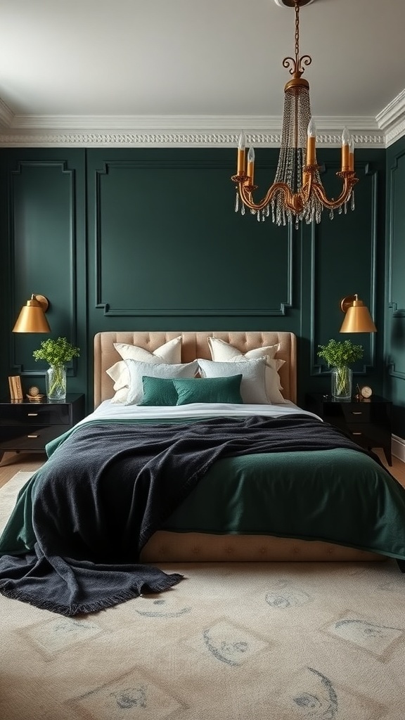Luxuriöses Schlafzimmer mit dunkelgrüner Akzentwand und eleganten Möbeln