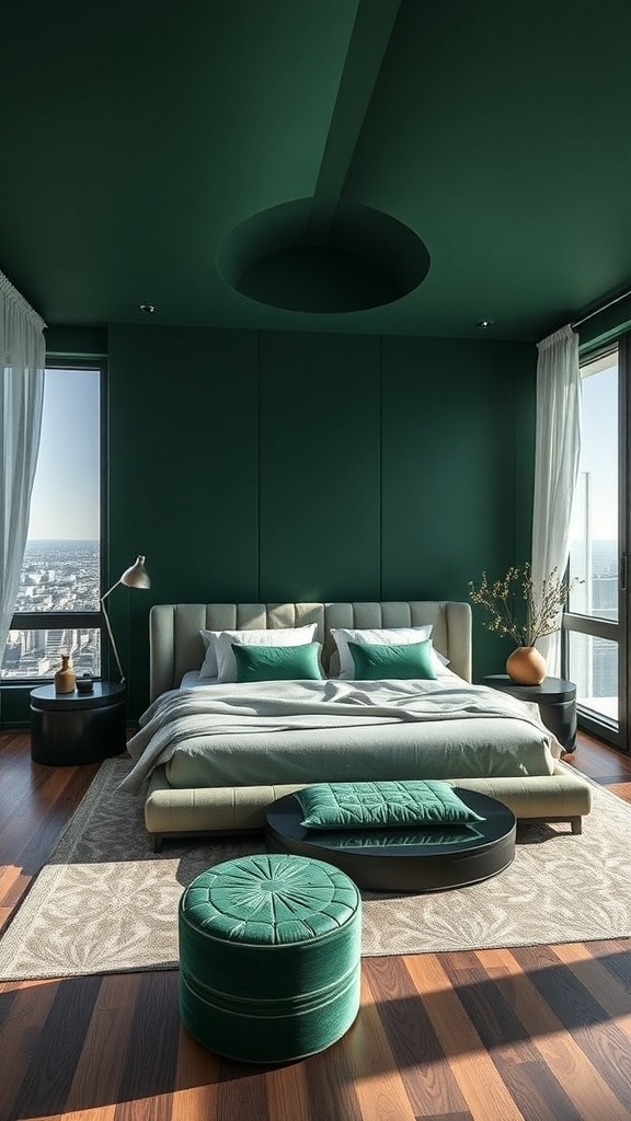 Modernes Schlafzimmer mit dunkelgrüner Akzentwand und eleganten Möbeln