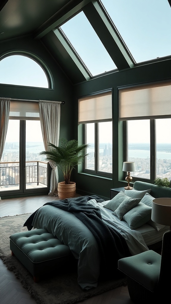 Stilvolles Schlafzimmer mit dunkelgrünen Wänden, großen Fenstern und moderner Einrichtung