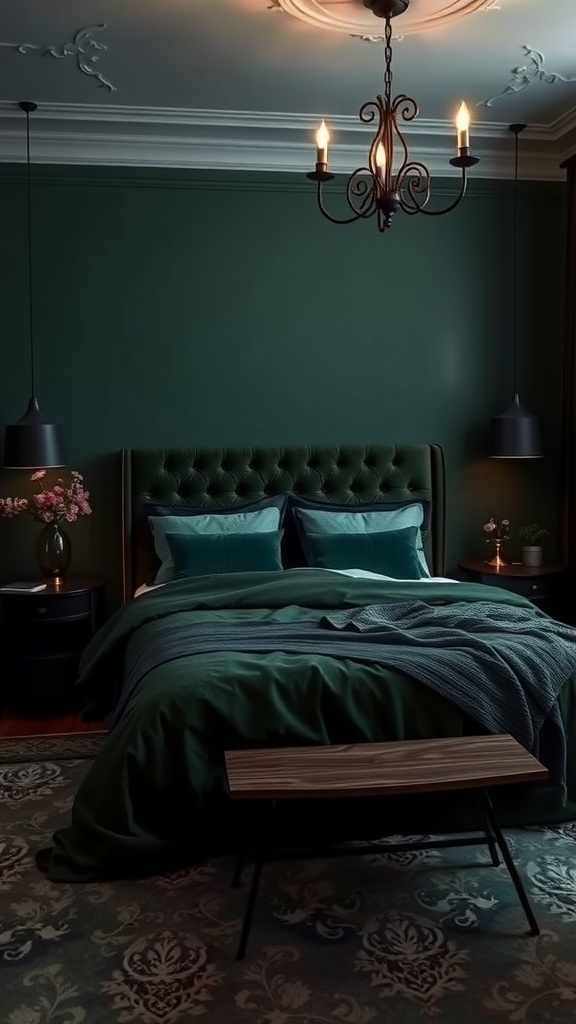 Dunkelgrünes Schlafzimmer mit elegantem Bett und stilvoller Beleuchtung