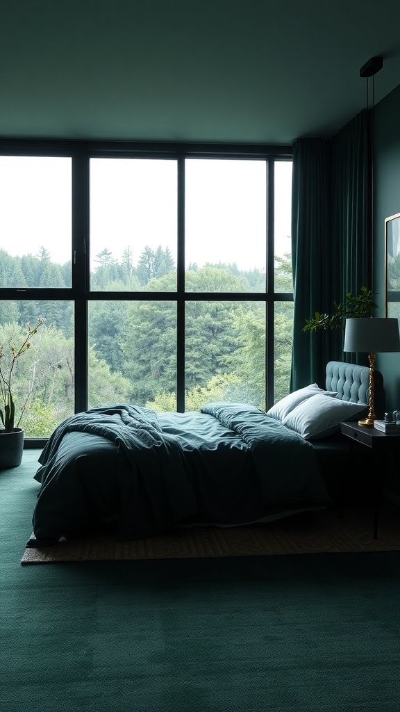 Dunkelgrünes Schlafzimmer mit großem Fenster und Blick auf die Natur