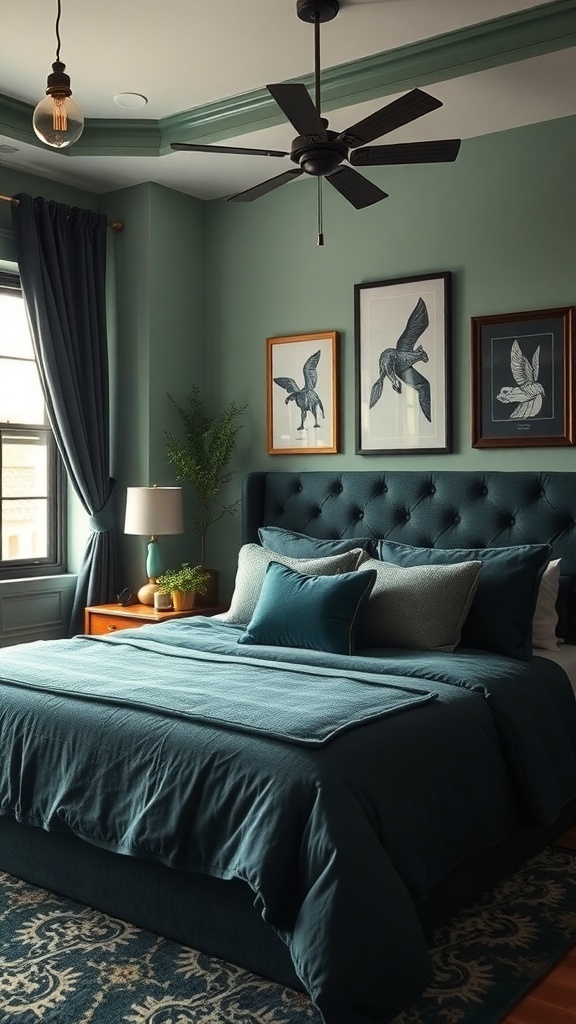 Ein stilvolles Schlafzimmer in Dunkelgrün mit einem gepolsterten Bett, Kunstwerken an der Wand und geschmackvollen Accessoires.
