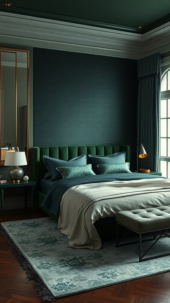 Luxuriöses Schlafzimmer in Dunkelgrün mit eleganten Texturen und stilvollen Möbeln
