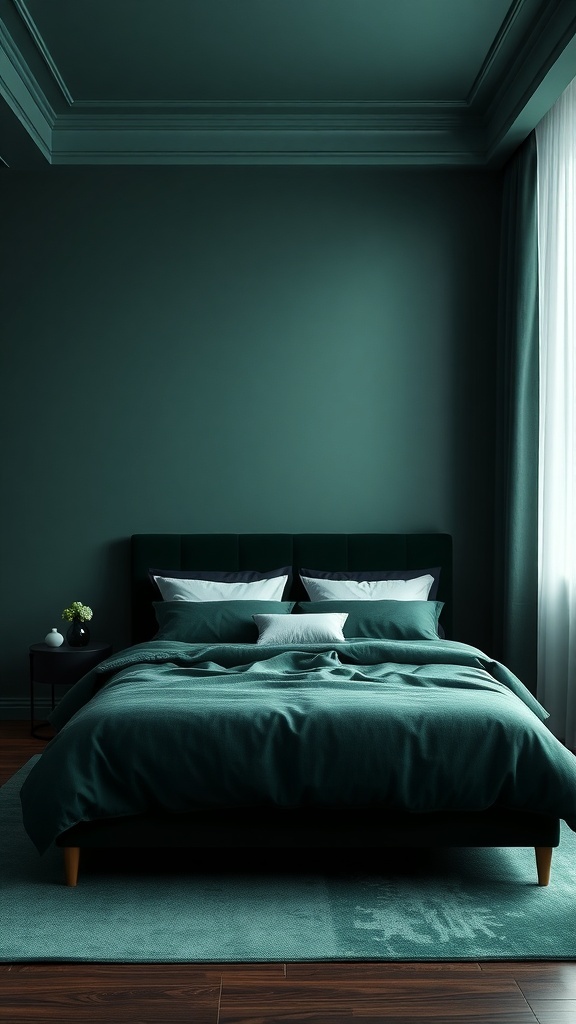 Dunkelgrünes Schlafzimmer mit minimalistischer Einrichtung