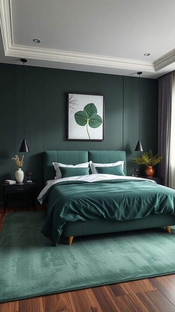 Dunkelgrünes Schlafzimmer mit modernem Design und eleganten Elementen