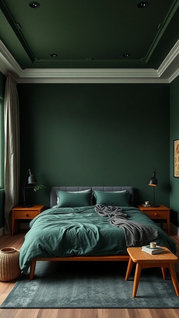 Dunkelgrünes Schlafzimmer mit Holzdetails und gemütlicher Bettwäsche