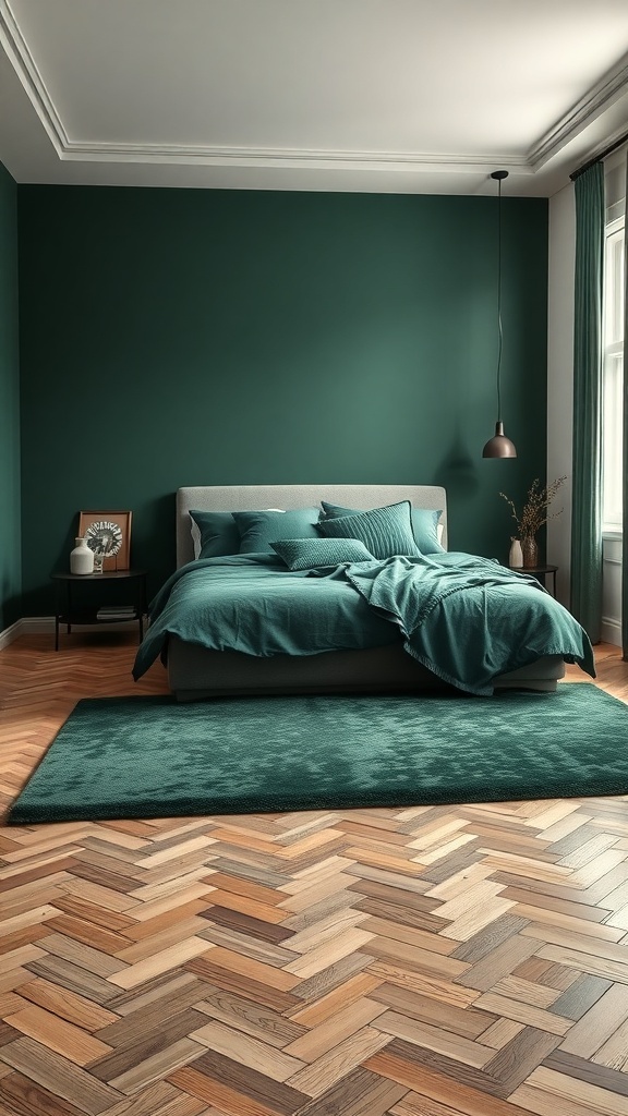 Ein stilvolles Schlafzimmer mit dunkelgrünem Teppich und Bettwäsche.