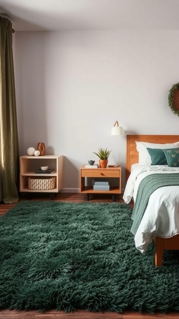 Ein stilvolles Schlafzimmer mit dunkelgrünem Teppich, grünen Wänden und großen Fenstern, die viel Licht hereinlassen.