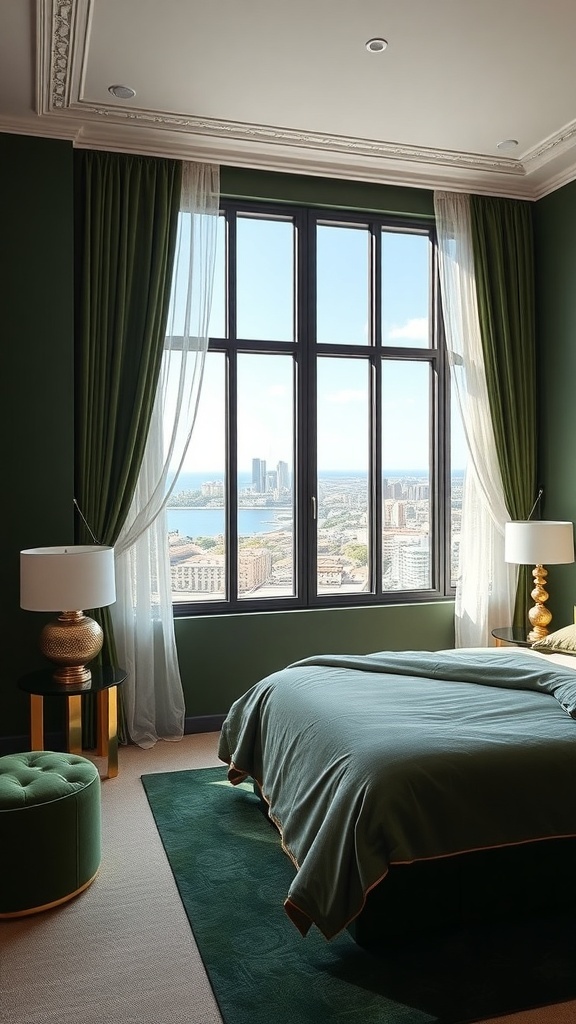 Dunkelgrüne Vorhänge in einem stilvollen Schlafzimmer mit Blick auf die Stadt