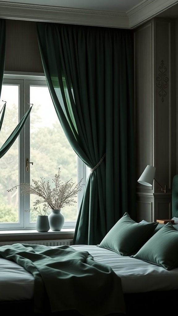 Dunkelgrüne Vorhänge in einem stilvollen Schlafzimmer