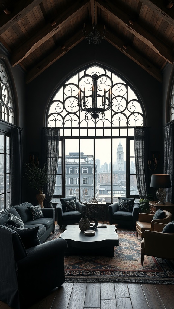 Dunkles Wohnzimmer mit großen Fenstern und eleganten Möbeln