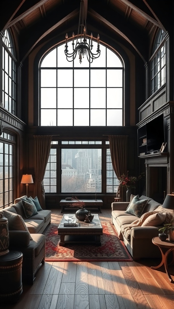 Ein luxuriöses Wohnzimmer mit dunklen Holzakzenten, hohen Fenstern und eleganten Möbeln.