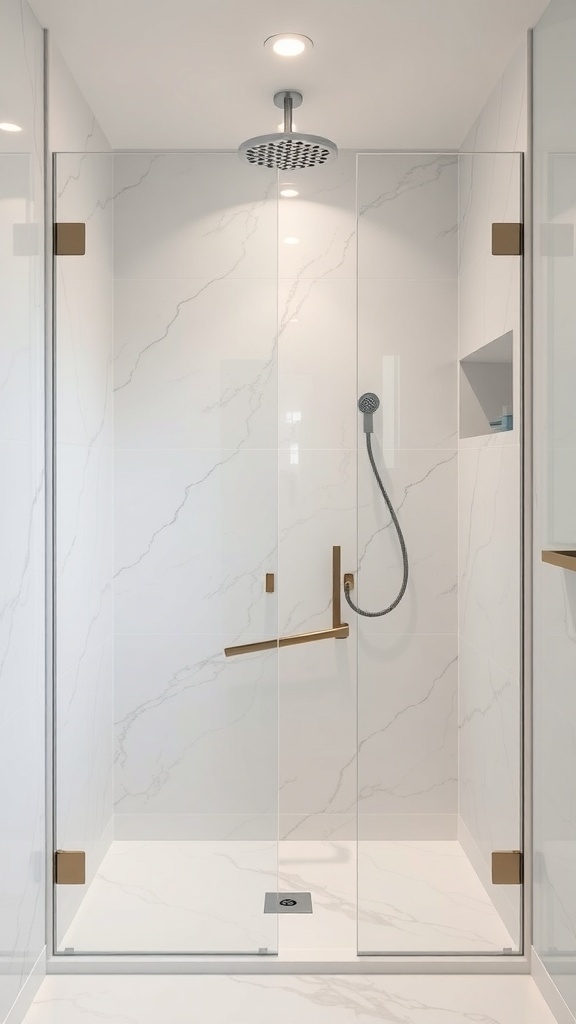 Moderne Walk-In-Dusche mit eleganten Fliesen und integrierter Duschablage.