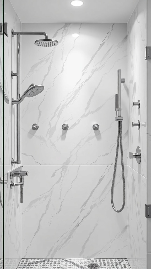 Moderne Walk-In-Dusche mit Regendusche und eleganten Duschaccessoires