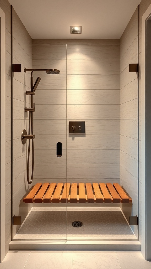 Moderne Dusche mit Holz-Duschbank und eleganten Fliesen