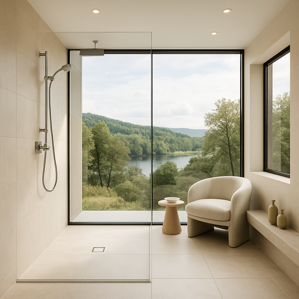 Moderne Walk-In-Dusche mit Blick auf die Natur