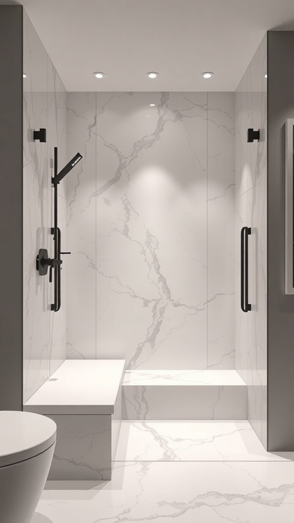 Moderne Walk-In-Dusche mit Duschbank und eleganten Fliesen
