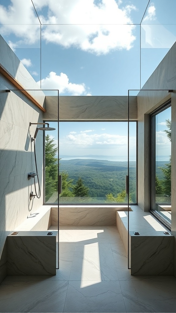 Luxuriöse Dusche mit großen Fenstern und Blick auf die Natur