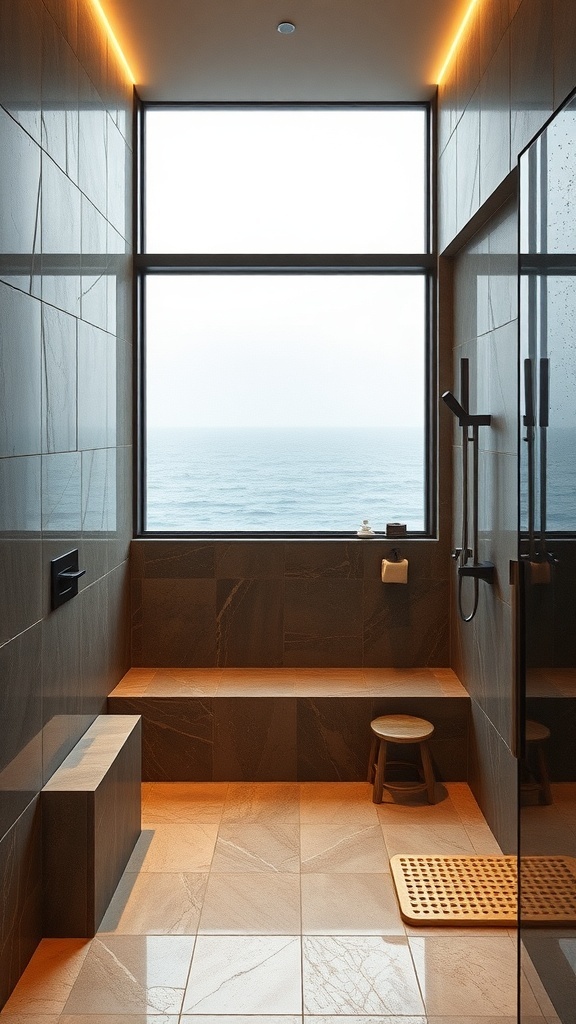 Luxuriöses Badezimmer mit Naturstein und Meerblick