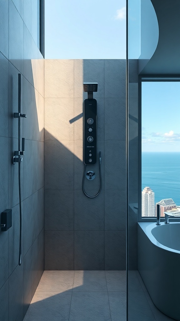 Moderne Dusche mit Duschpaneel und Blick auf die Stadt
