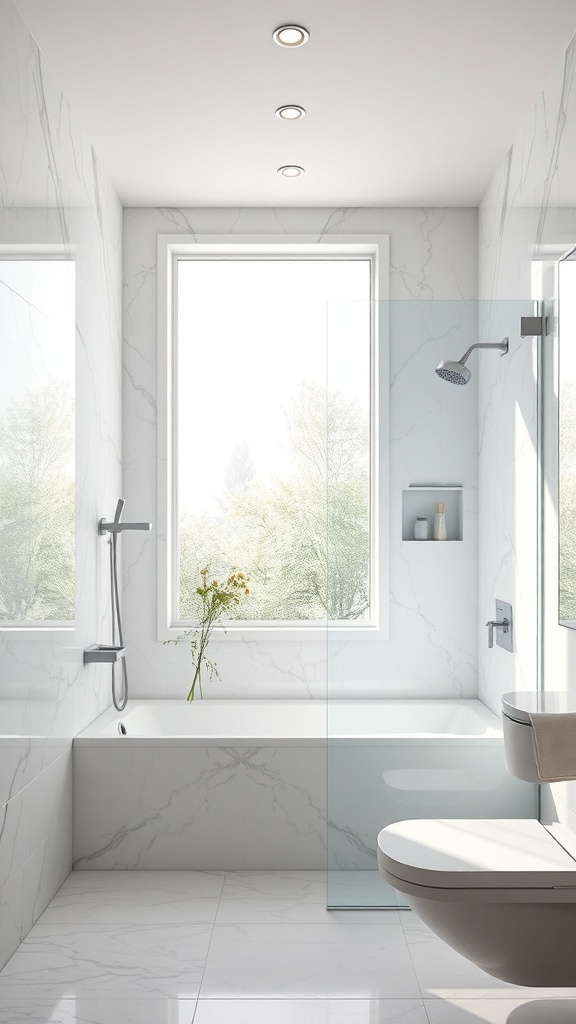 Moderne Dusche mit Fenster, helle marmorierte Wände und Badewanne