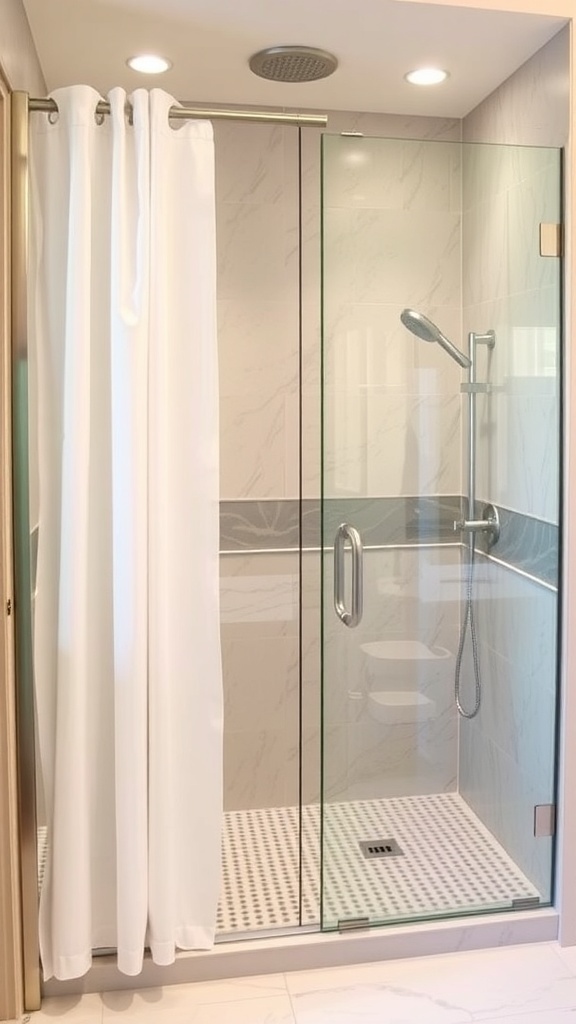 Moderne Walk-In-Dusche mit Glastür und Duschvorhang