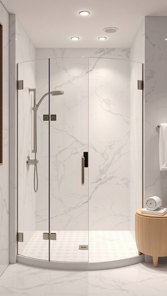Moderne Dusche mit Duschvorhang auf der linken Seite und Duschtrennwand auf der rechten Seite