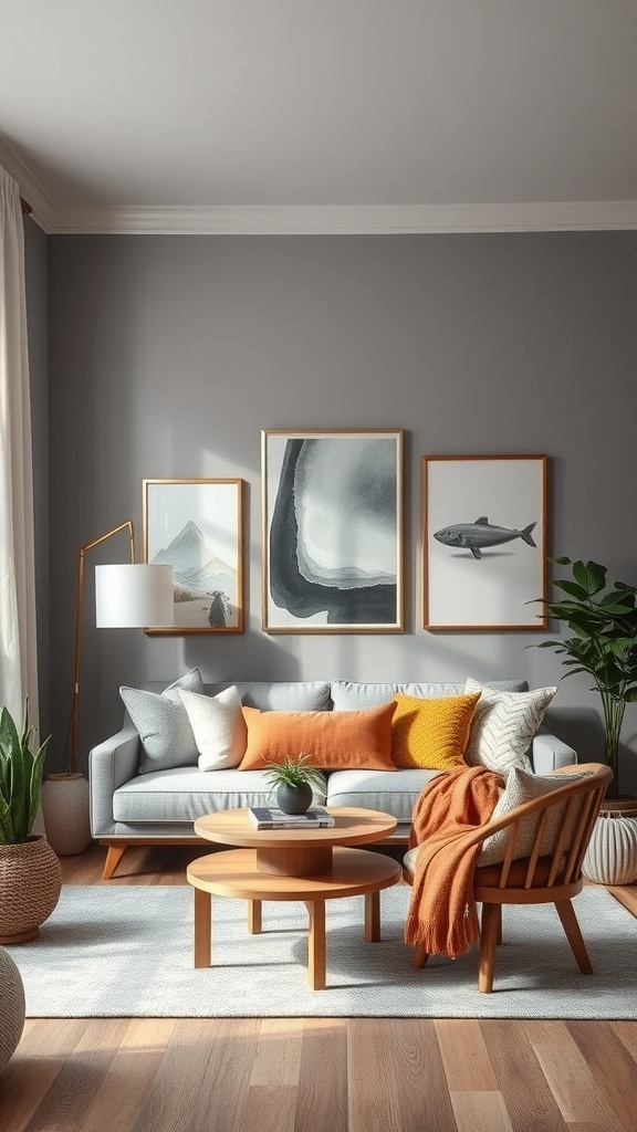 A stylish living room with a gray color palette, featuring colorful cushions and artwork.
