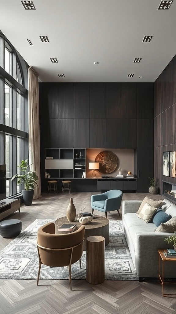 Modernes Wohnzimmer mit dynamischem Layout und stilvollen Möbeln