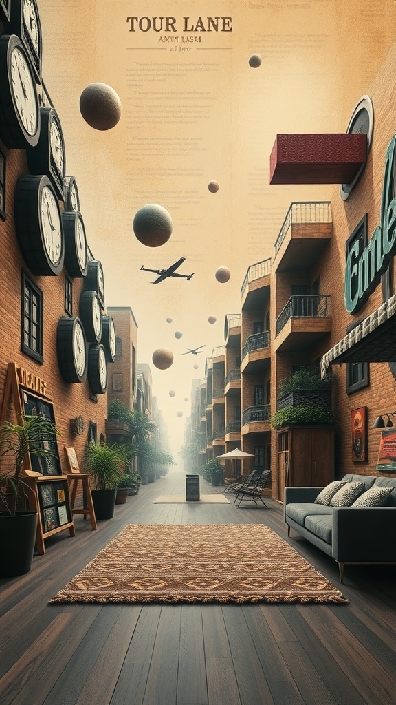 Surreal artwork featuring floating spheres, clocks, and a cozy street scene with apartments and furniture.
