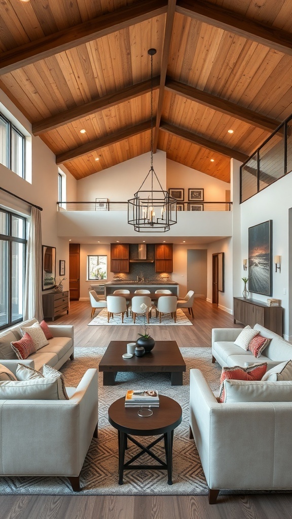 Open concept living and dining room with high wooden ceilings and comfortable seating.