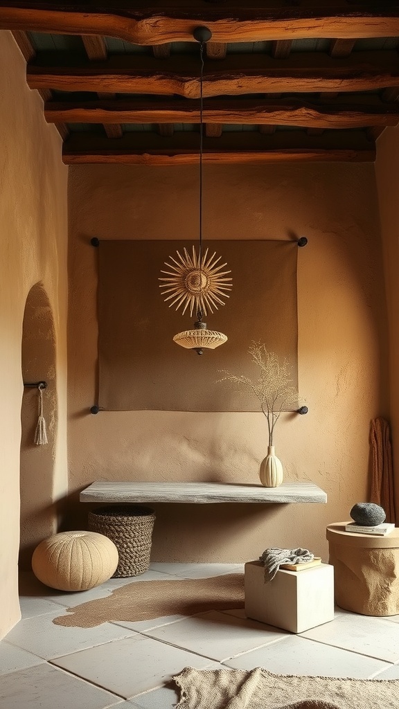 A cozy room with earthen plaster walls, wooden beams, and natural decor.