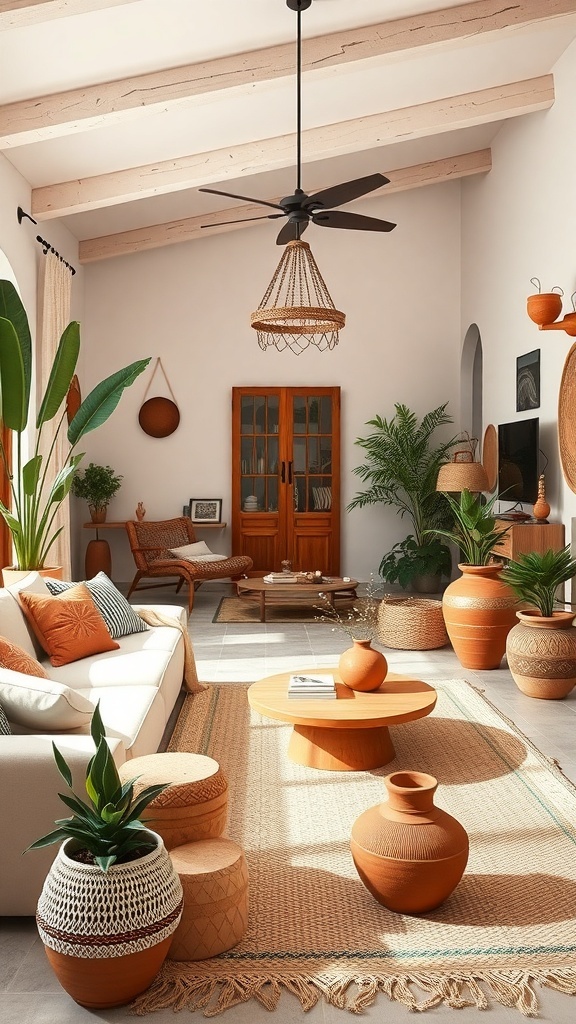 A bohemian living room featuring terracotta pots, plants, and warm earthy tones.