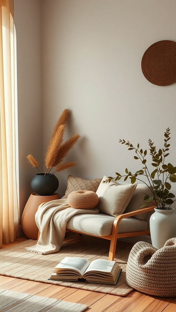 Cozy living room with earthy accessories and textiles, featuring a chair, plants, and a book.