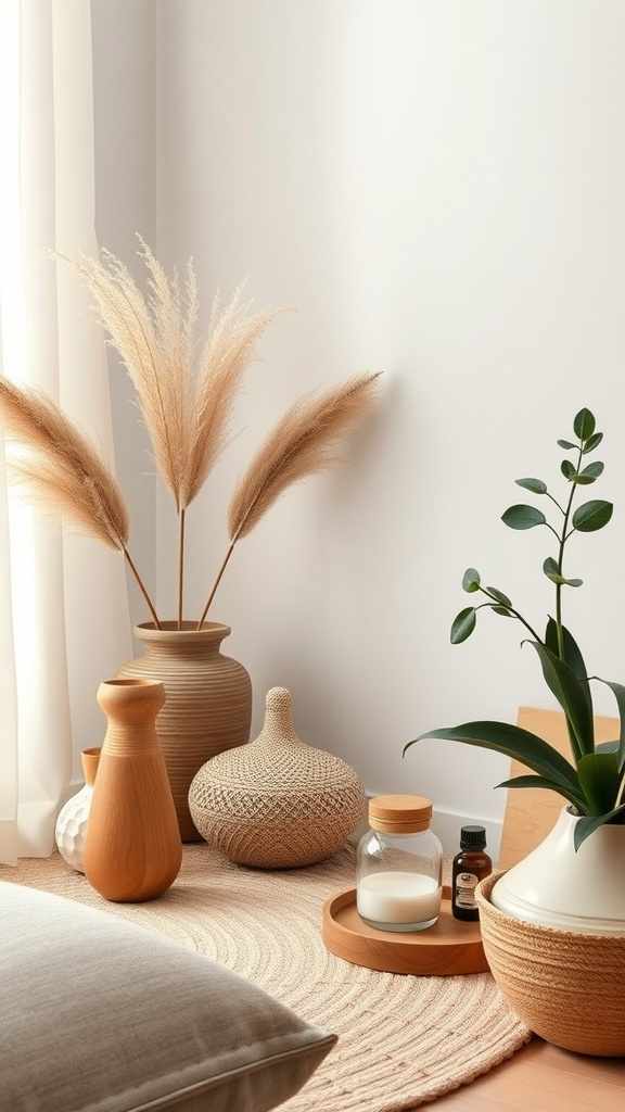 A cozy corner with earthy decor, featuring vases, plants, and aromatherapy essentials.