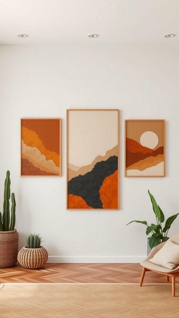 Three pieces of earthy artwork featuring abstract mountain ranges and a sun, framed in light wood, displayed on a wall with plants in a minimalist setting.
