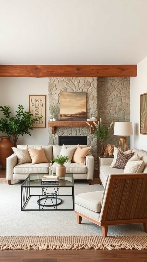 A minimalist rustic living room with beige furniture, a stone fireplace, wooden beams, and earthy color accents.
