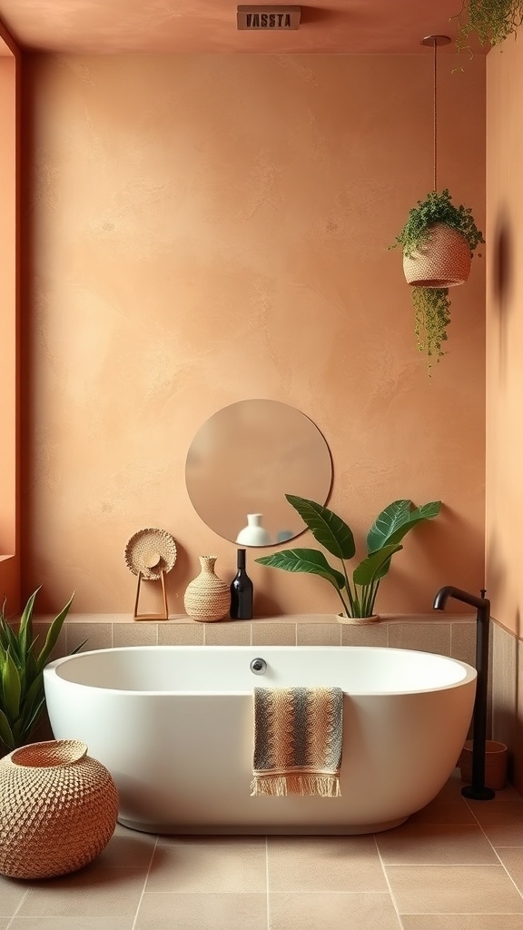 A boho-style bathroom featuring earthy terracotta walls, a white freestanding tub, and green plants.