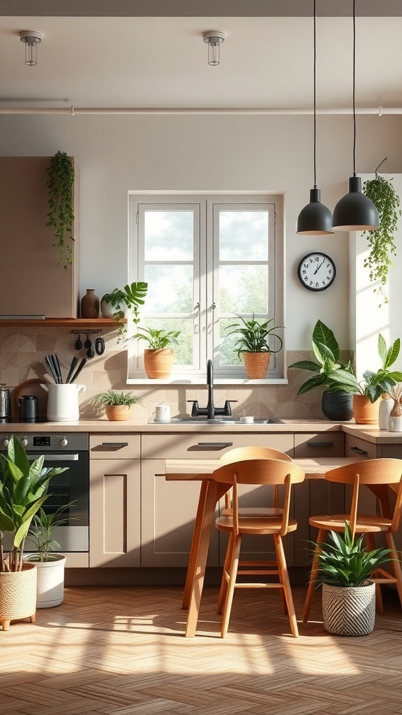 A modern Scandinavian kitchen featuring an earthy color palette and various plants.