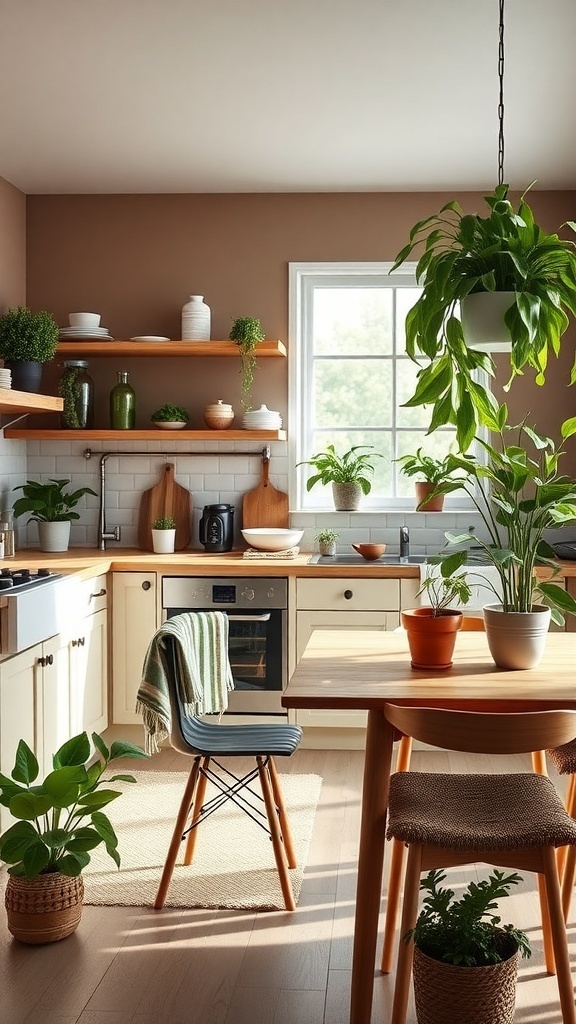 A Scandinavian kitchen featuring earthy brown walls, wooden shelves, and various green plants.