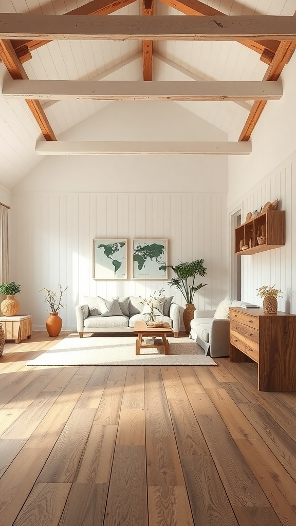 A cozy farmhouse living room with wooden beams, neutral furniture, and potted plants.