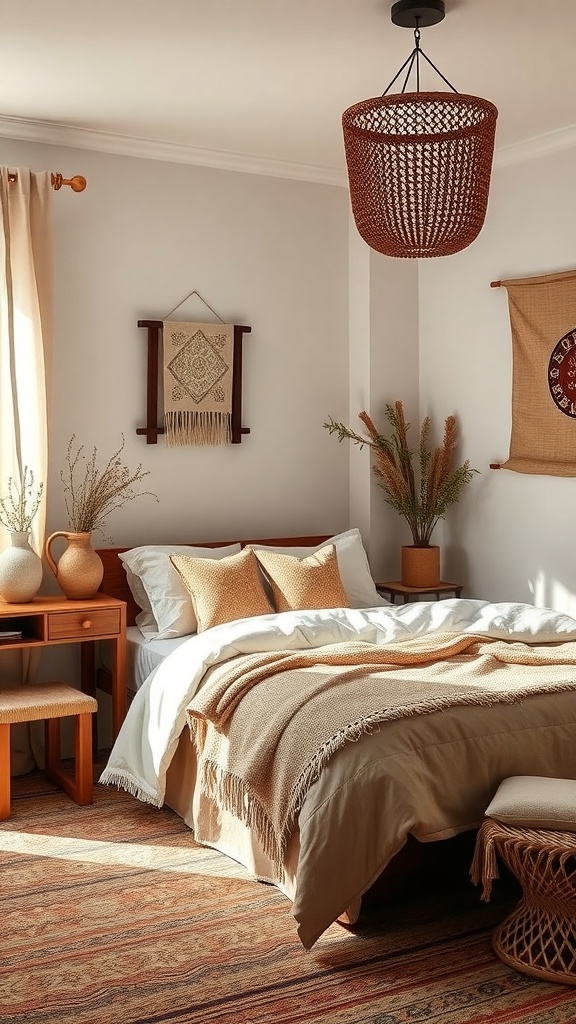 A cozy bedroom featuring earthy tones with a warm, relaxed vibe.
