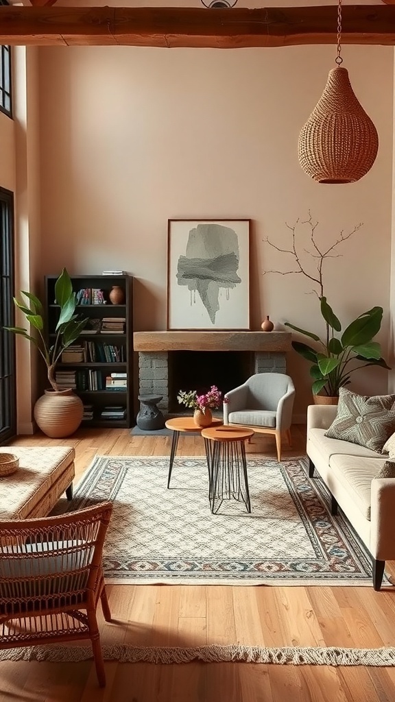 A cozy living room featuring earthy color palettes with warm tones, plants, and textured decor.