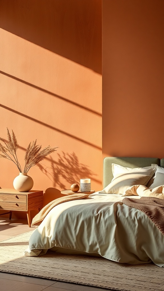 A cozy bedroom featuring earthy tones with terracotta walls, soft bedding, and natural decor.