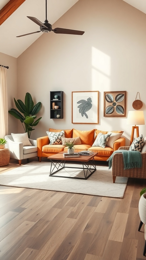 A cozy living room featuring earthy color palettes with orange and neutral tones.