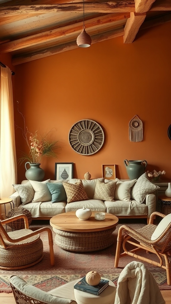 Cozy living room with terracotta walls, neutral sofa, rattan chairs, and earthy decor elements.