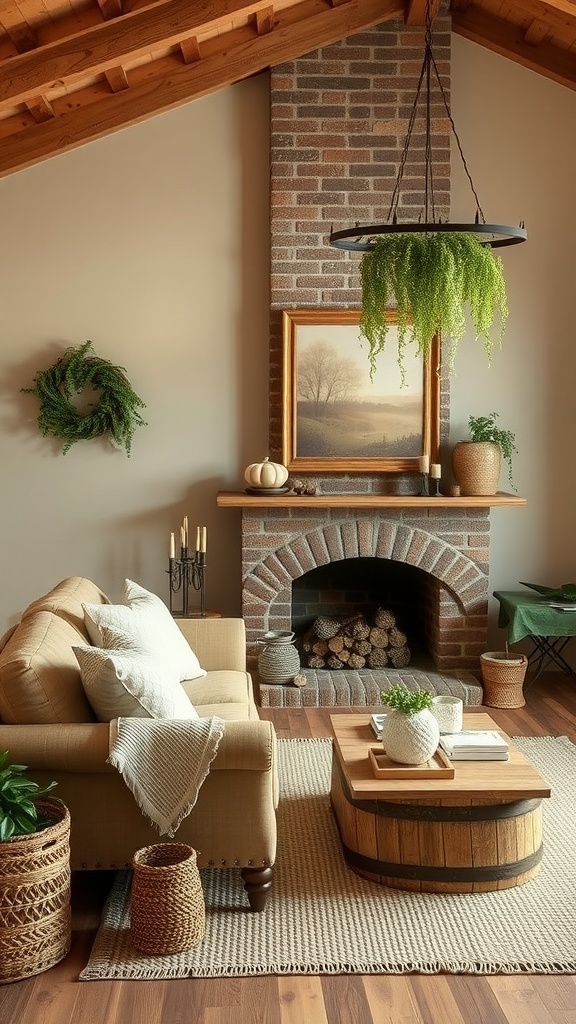 Cozy living room with earthy color palette featuring a brick fireplace, wooden coffee table, and plants.