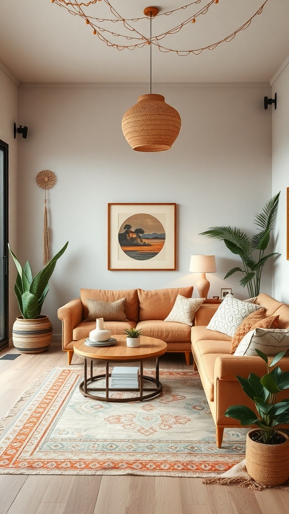 Cozy living room with earthy color palette featuring terracotta sofa, plants, and round coffee table.