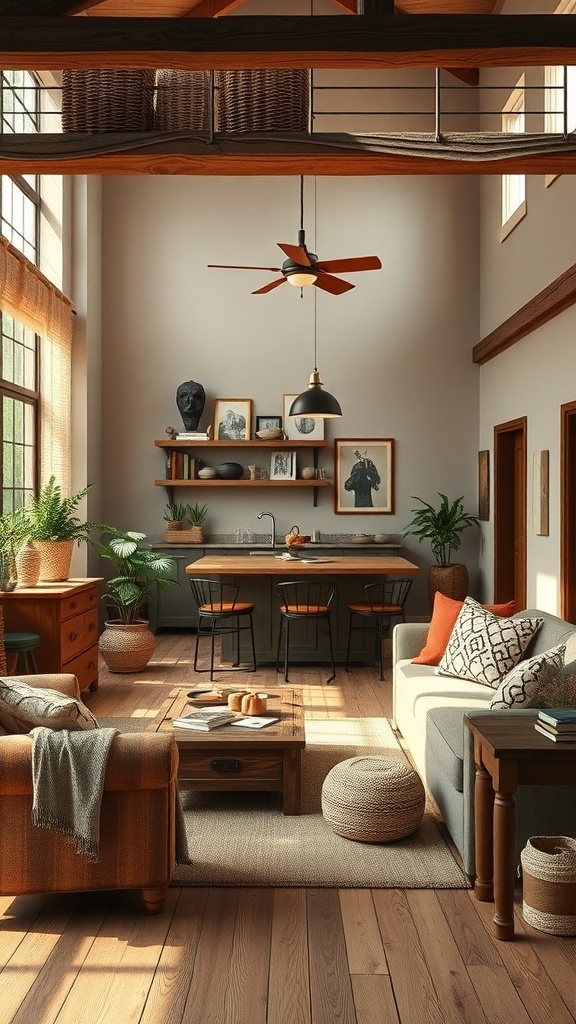 A cozy living space with earthy color palettes, featuring wooden furniture, plants, and natural light.