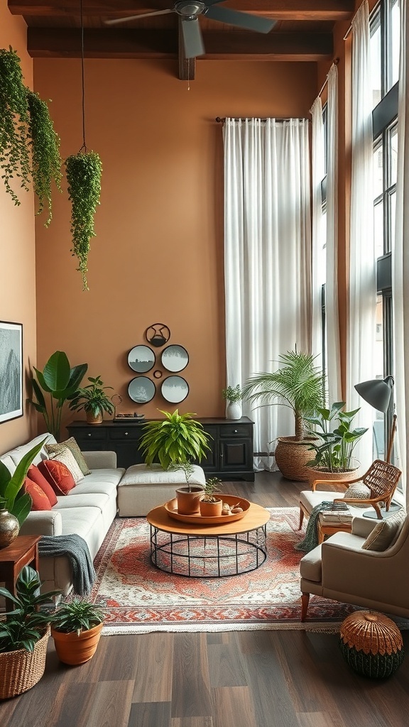 Cozy boho living room with earthy color palette, featuring terracotta walls, plants, and comfortable furniture.
